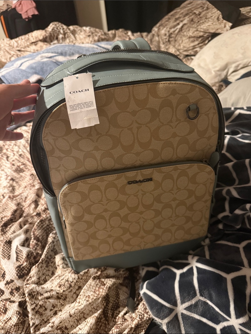 Coach Men’s Canvas Backpack in Khaki and Light Blue